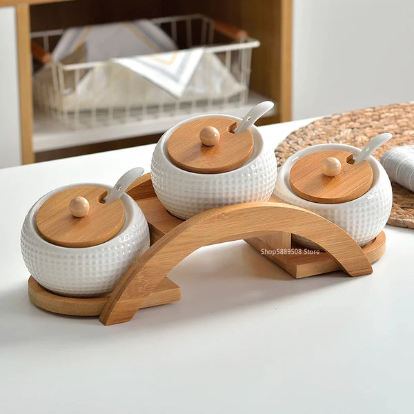 Recipiente de Condimento de Porcelana com Tampas de Bambu