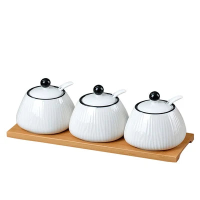 Recipiente de Condimento de Porcelana com Tampas de Bambu